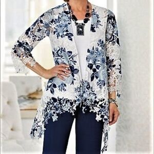 Cardigan LG Petite Blue Open Front Jacket Rose Embroidered Lace Top Cascade Hem